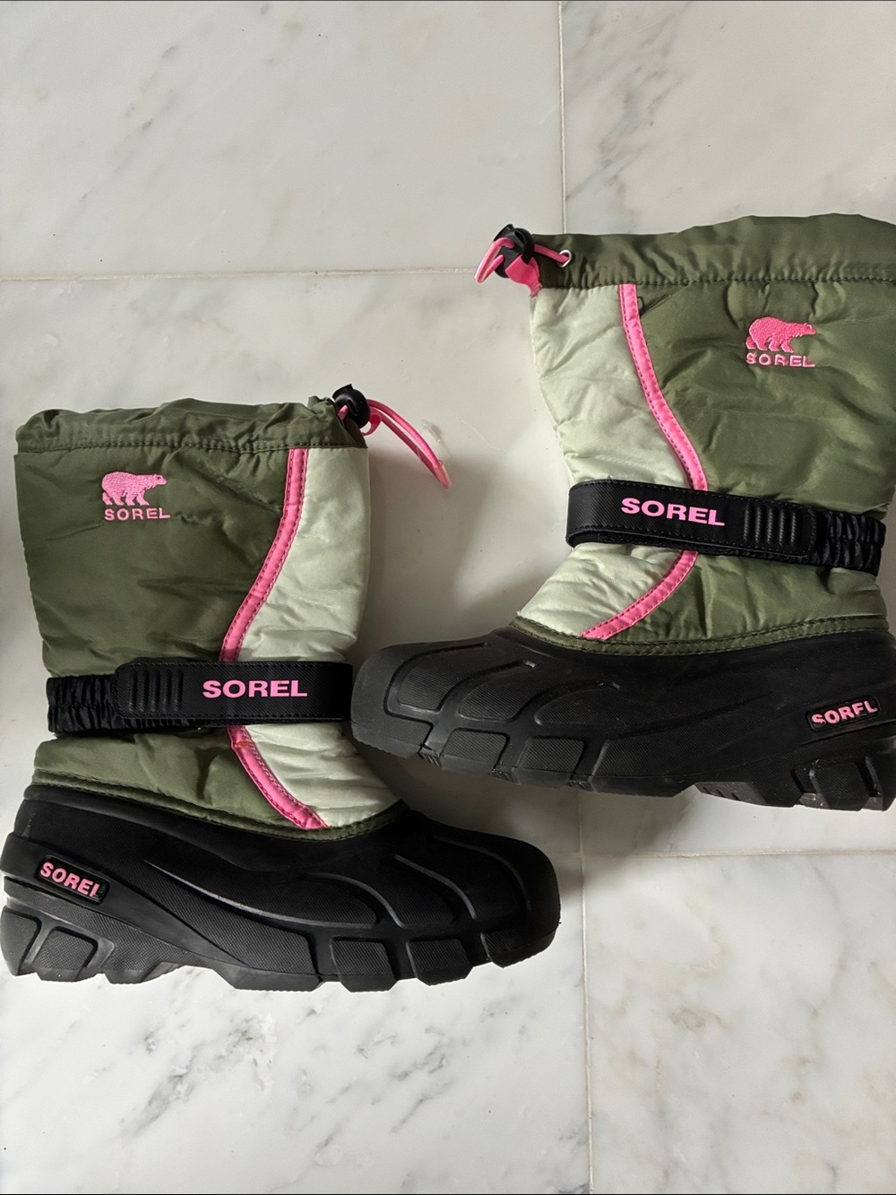 Sorel Kids Olive Green and Pink Winter Boots